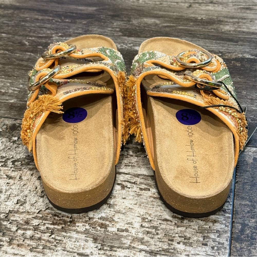 House of Harlow Slides 1960 Beaded Leaf Leather Buckle Sandals Size 8.5 NWT‎ - Picture 4 of 15